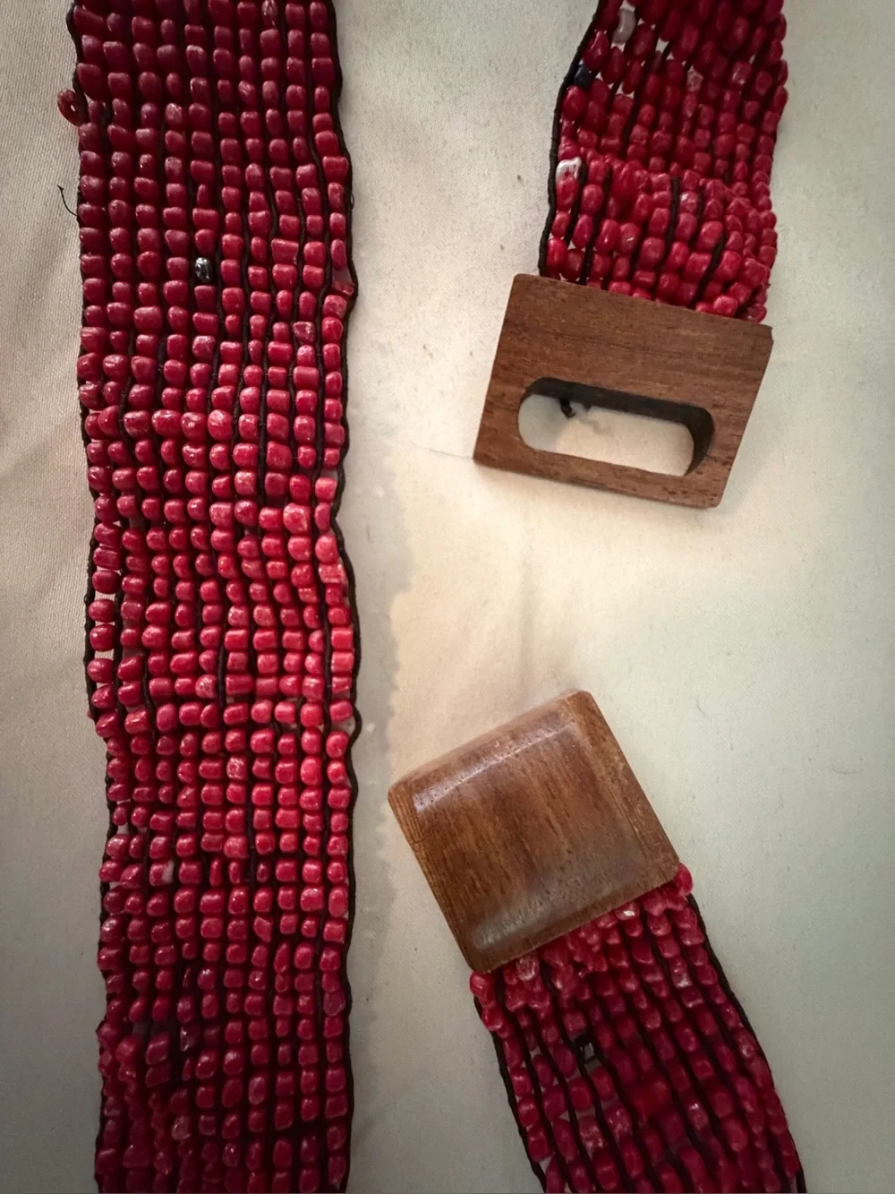 Beaded Red Belt w/Wooden Hook Buckle